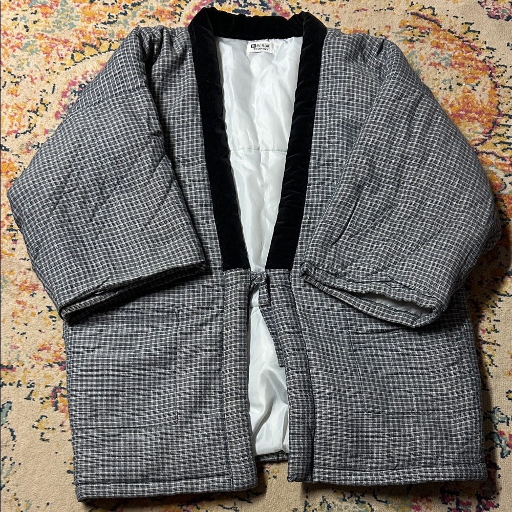Silver Ox Gray and Black Checkered Mens Hanten Kimono‎ Night Jacket puffy OS